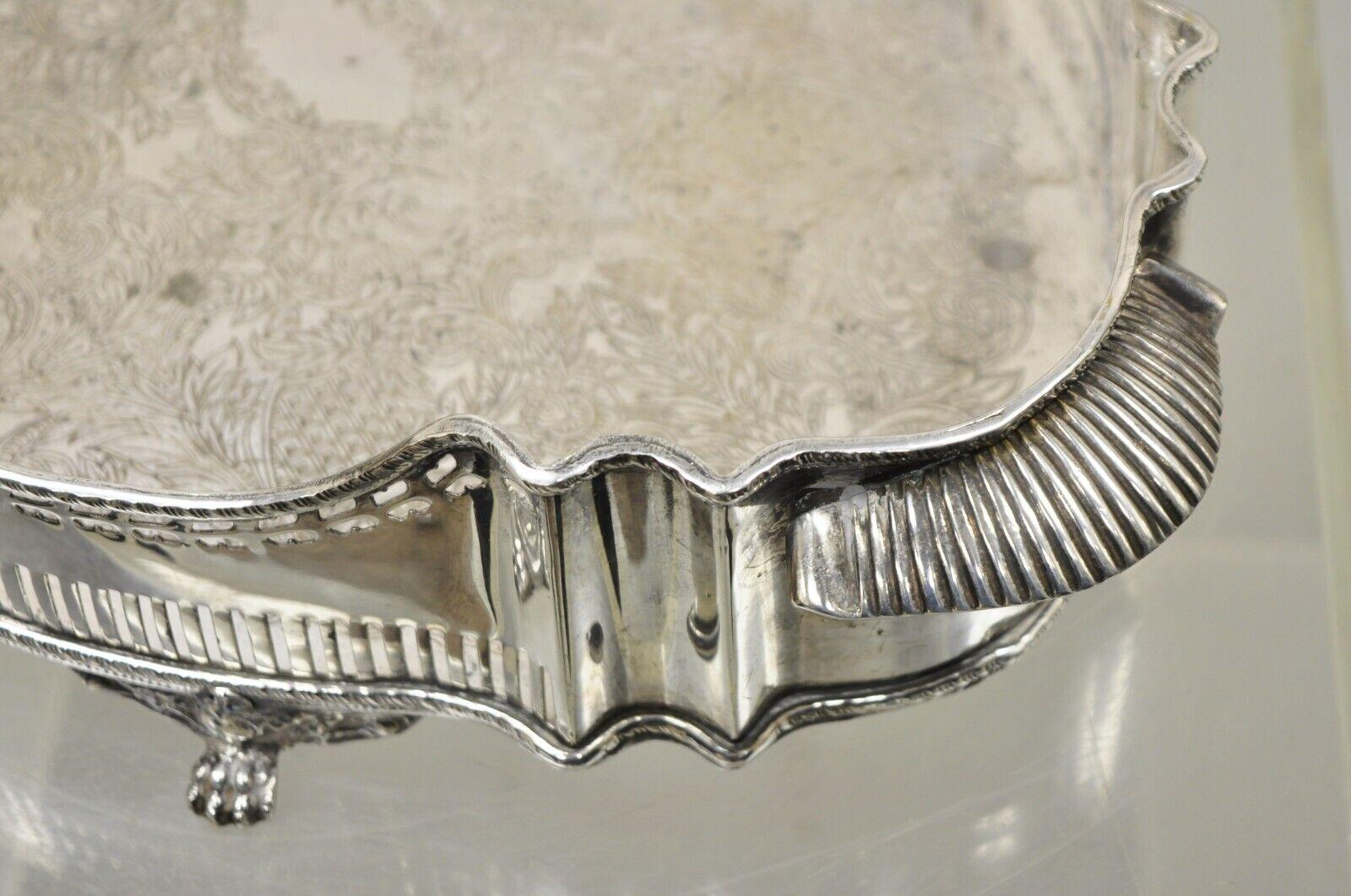 Vtg Silver Plated Shapely Serving Platter Tray with Pierced Gallery on Paw Feet 4