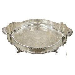 Antique Vtg Silver Plated Shapely Serving Platter Tray with Pierced Gallery on Paw Feet