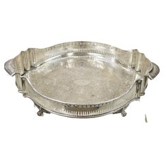 Vtg Silver Plated Shapely Serving Platter Tray with Pierced Gallery on Paw Feet