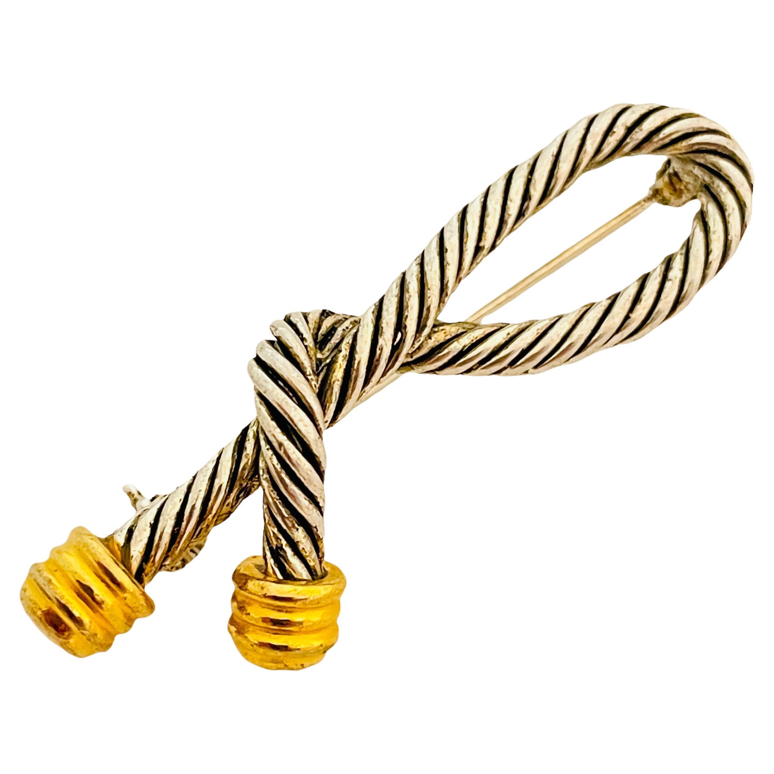 Vtg silver rope gold designer runway brooch For Sale