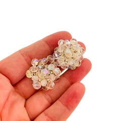 Vtg silver tone ab crystal cluster clip on earrings