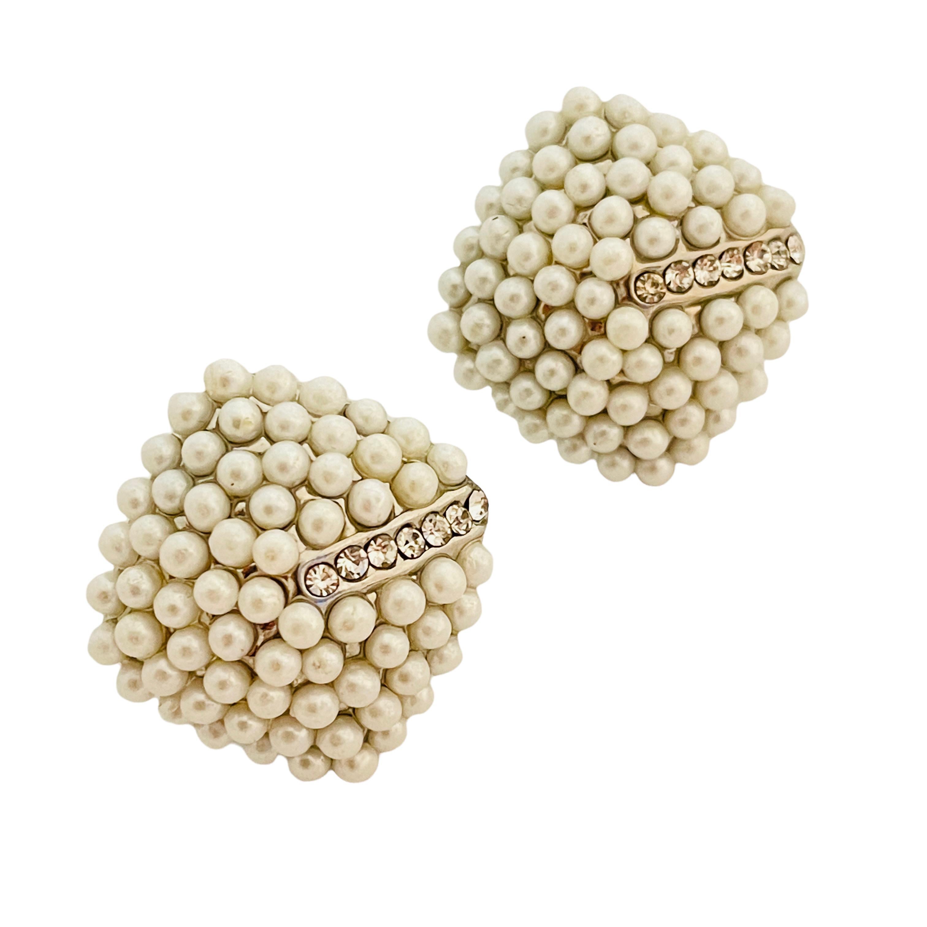 Women's or Men's Vtg silver tone pearl rhinestone designer runway earrings  For Sale