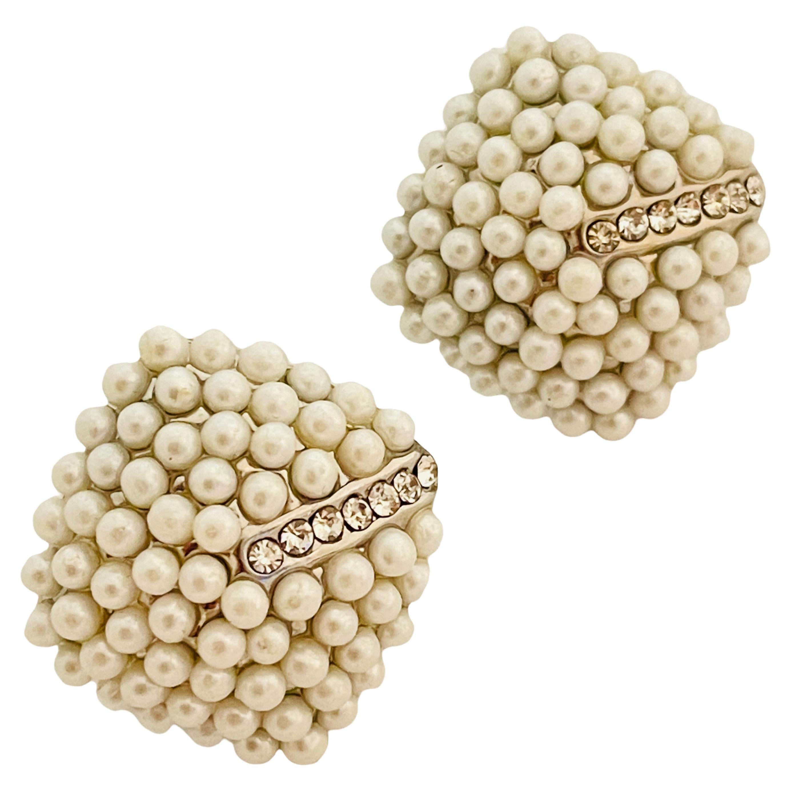 Vtg silver tone pearl rhinestone designer runway earrings  For Sale