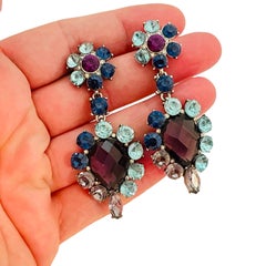 Vtg silver tone rhinestone dangle earrings designer runway
