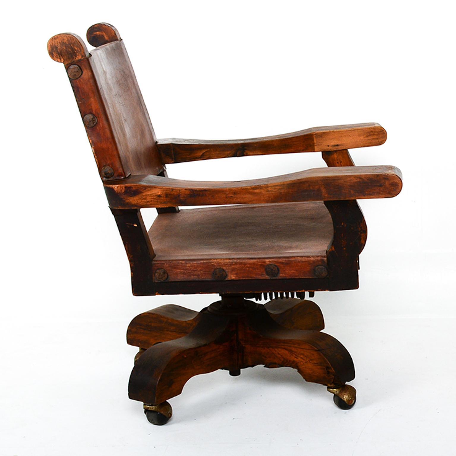 Spanish Colonial Mexican Mahogany Leather Office Rolling Chair Francisco Artigas 2