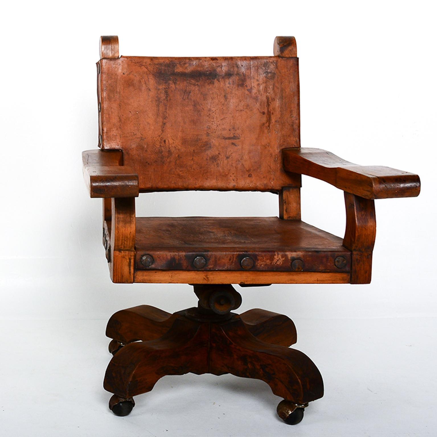 Spanish Colonial Mexican Mahogany Leather Office Rolling Chair Francisco Artigas In Fair Condition In Chula Vista, CA