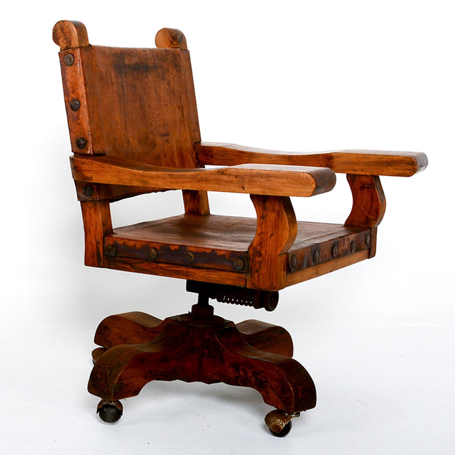 Mid-20th Century Spanish Colonial Mexican Mahogany Leather Office Rolling Chair Francisco Artigas