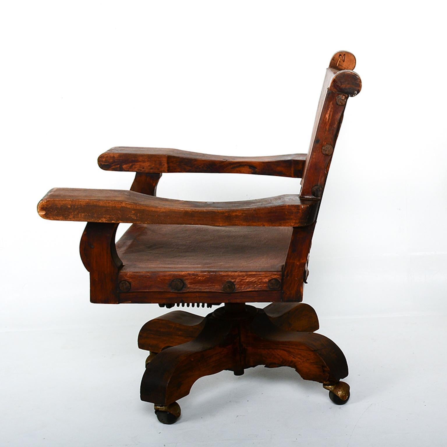 Wood Spanish Colonial Mexican Mahogany Leather Office Rolling Chair Francisco Artigas