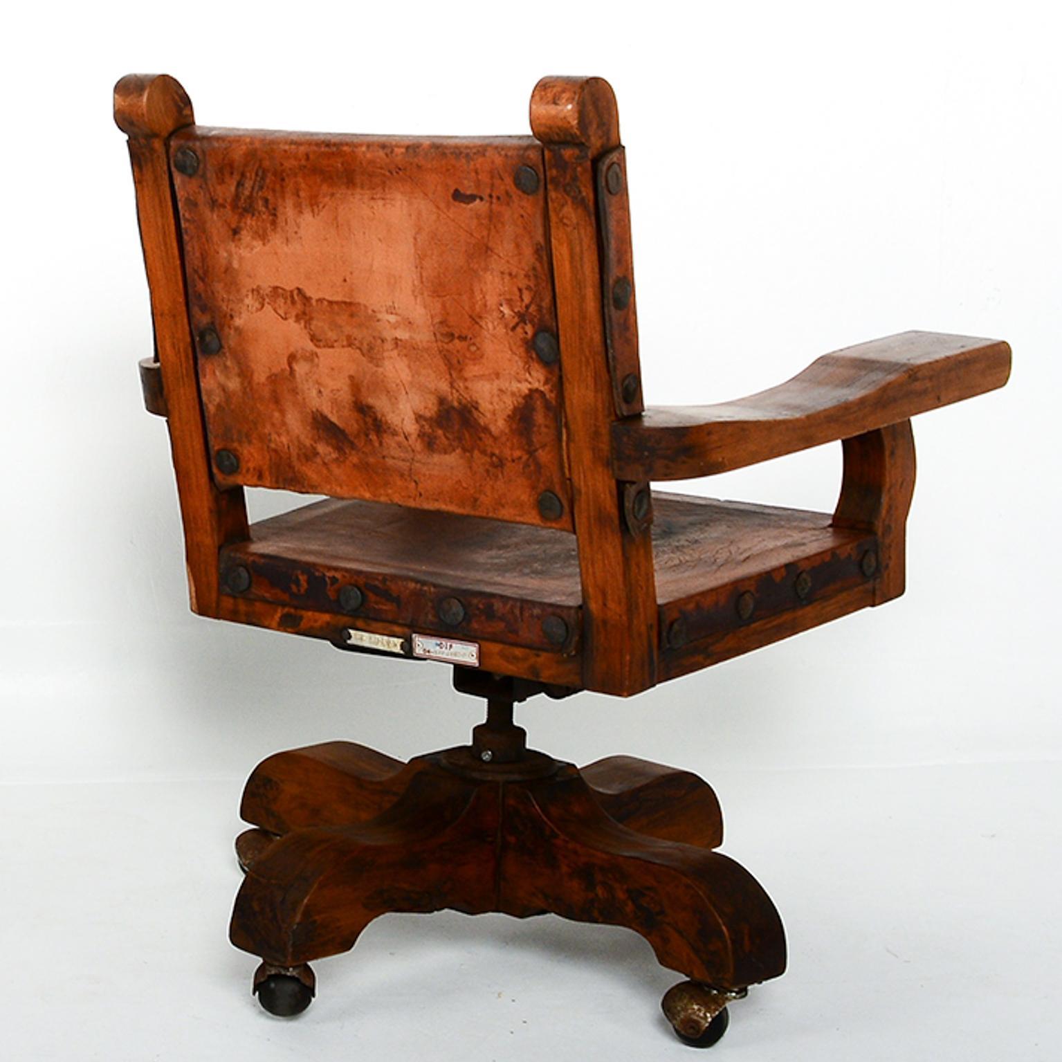 Spanish Colonial Mexican Mahogany Leather Office Rolling Chair Francisco Artigas 1