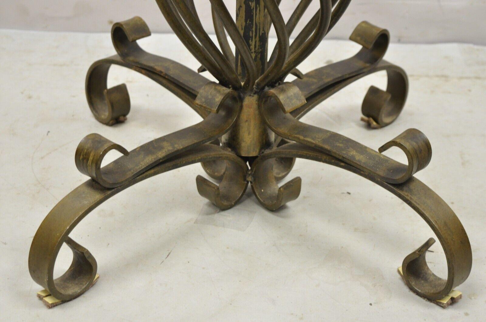 Vtg Spanish Rustic Twisted Iron Pedestal Metal Inlay Round Dining Table 2 Leaves 8