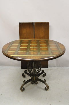 Vtg Spanish Rustic Twisted Iron Pedestal Metal Inlay Round Dining Table 2 Leaves