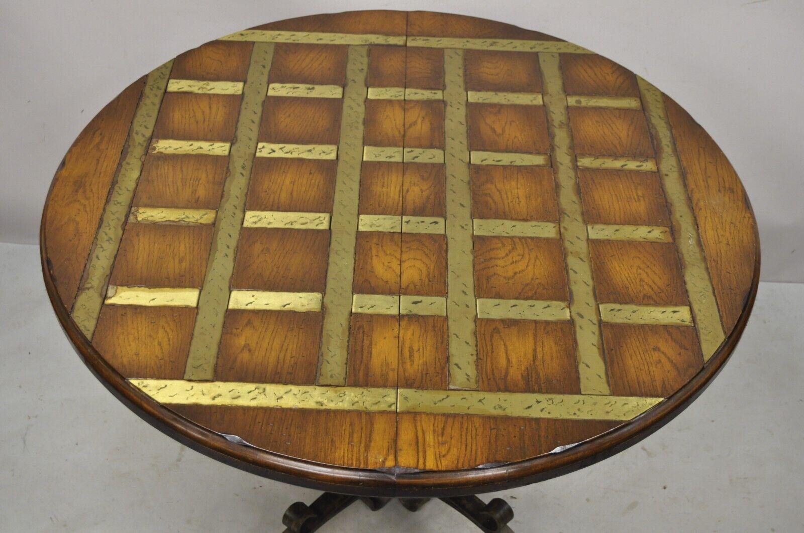 Vtg Spanish Rustic Twisted Iron Pedestal Metal Inlay Round Dining Table 2 Leaves In Good Condition In Philadelphia, PA