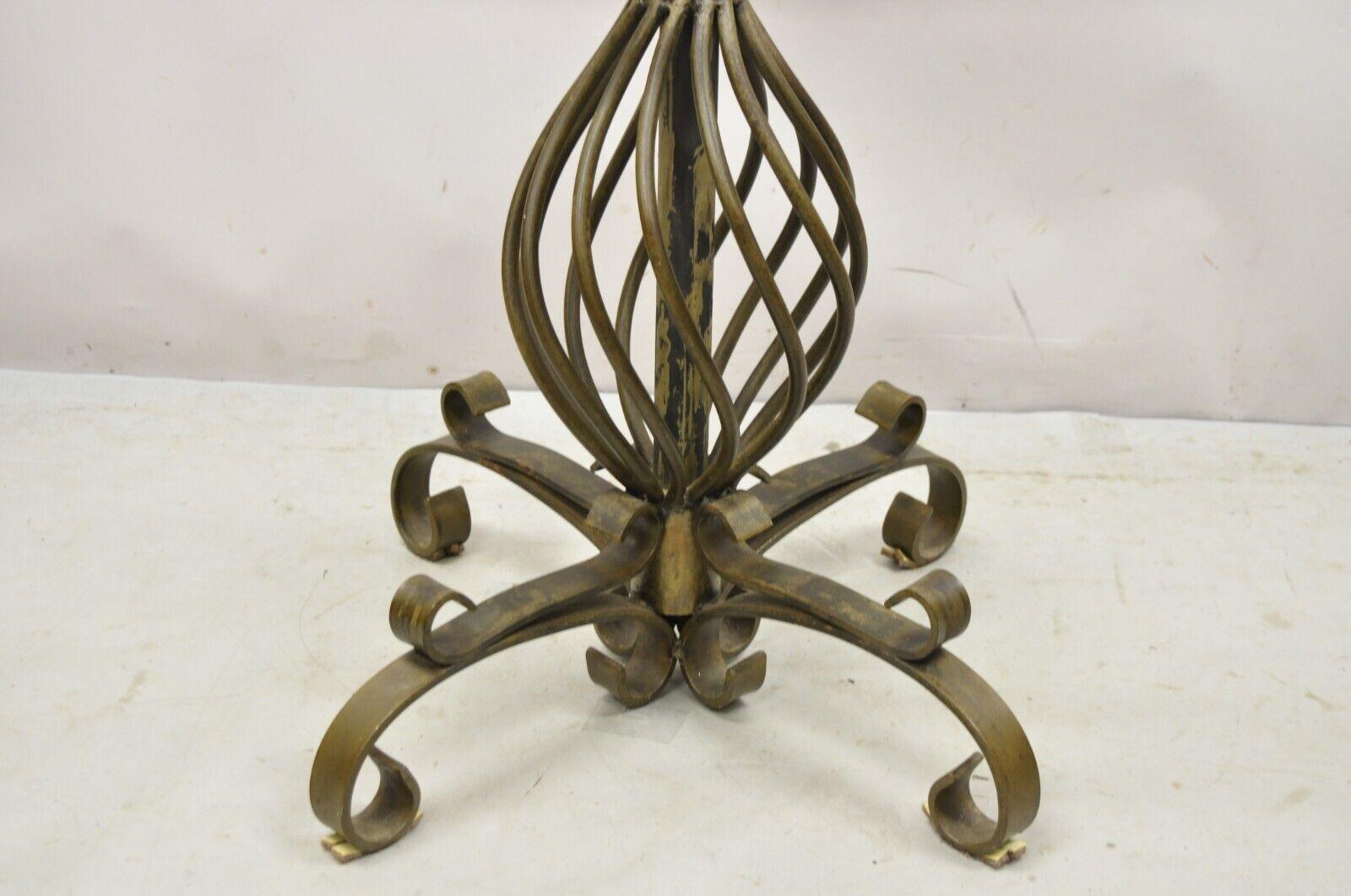 20th Century Vtg Spanish Rustic Twisted Iron Pedestal Metal Inlay Round Dining Table 2 Leaves
