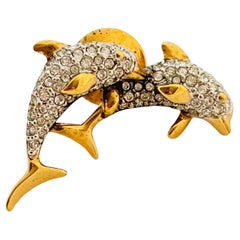 Vtg SWAROVSKI gold crystal dolphins designer runway pin