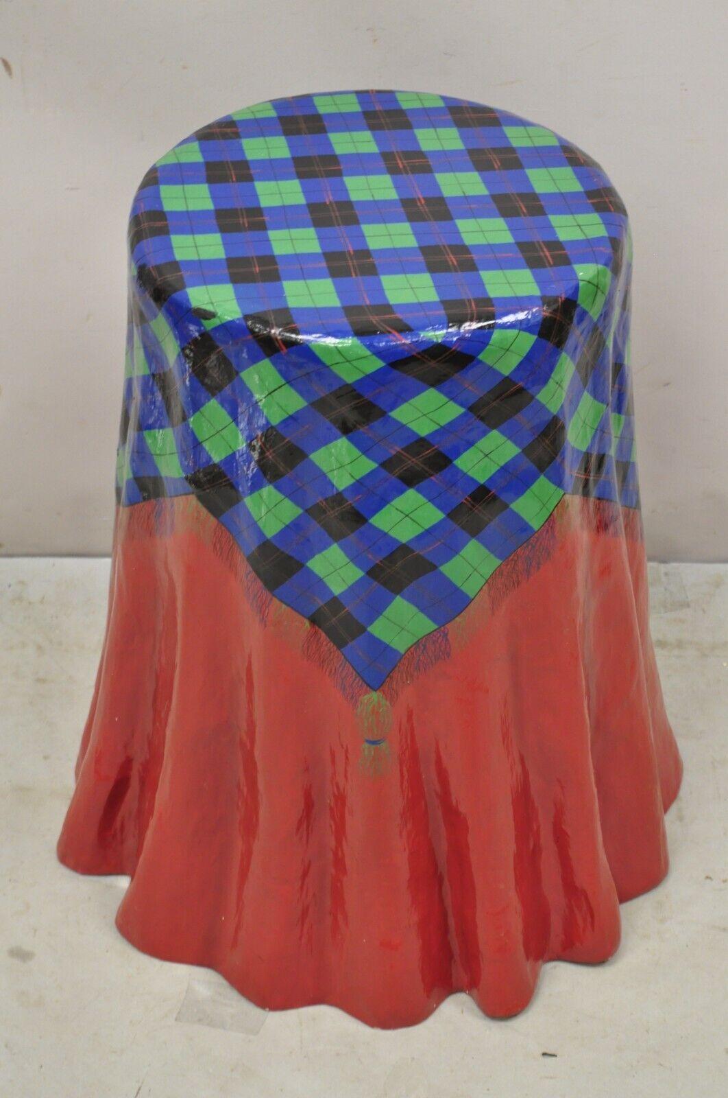 Vtg The Strata Group Paper Mache Red Blue Green Tartan Tablecloth Drape Table For Sale 5