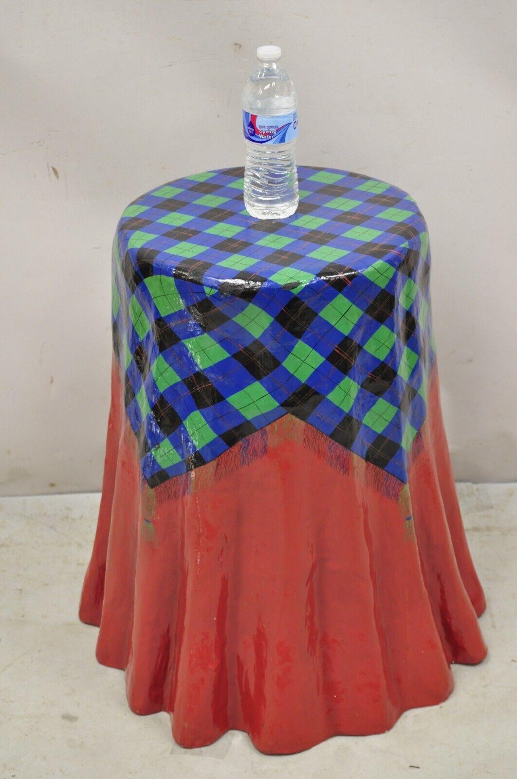 Vintage The Strata Group Paper Mache Red Blue Green Tartan Tablecloth Drape Side Table. Item features paper Mache construction, unique figural 