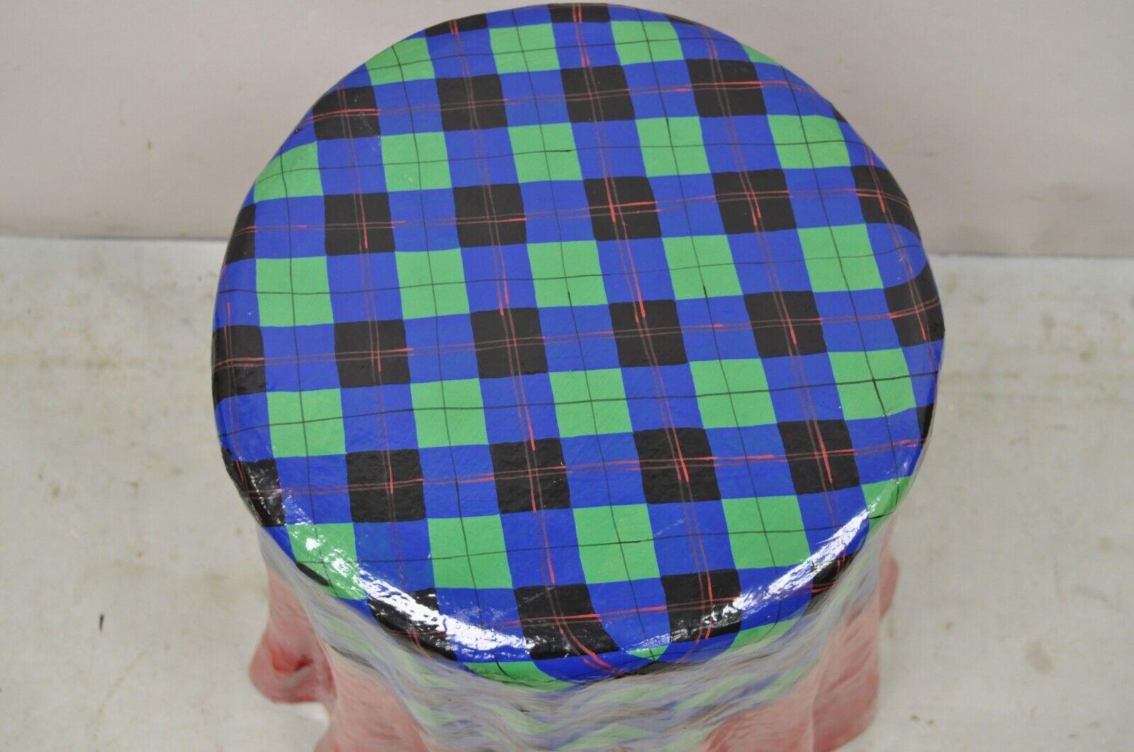 Hollywood Regency Vtg The Strata Group Paper Mache Red Blue Green Tartan Tablecloth Drape Table For Sale