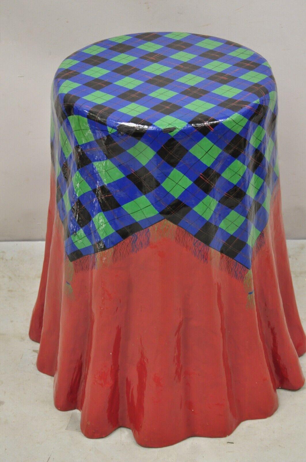 Vtg The Strata Group Paper Mache Red Blue Green Tartan Tablecloth Drape Table For Sale 2
