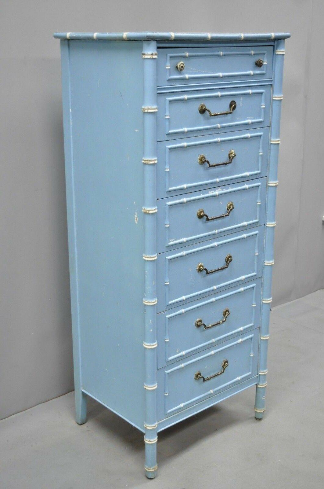Brass Thomasville Allegro Faux Bamboo 7 Drawer Blue Painted Tall Lingerie Chest