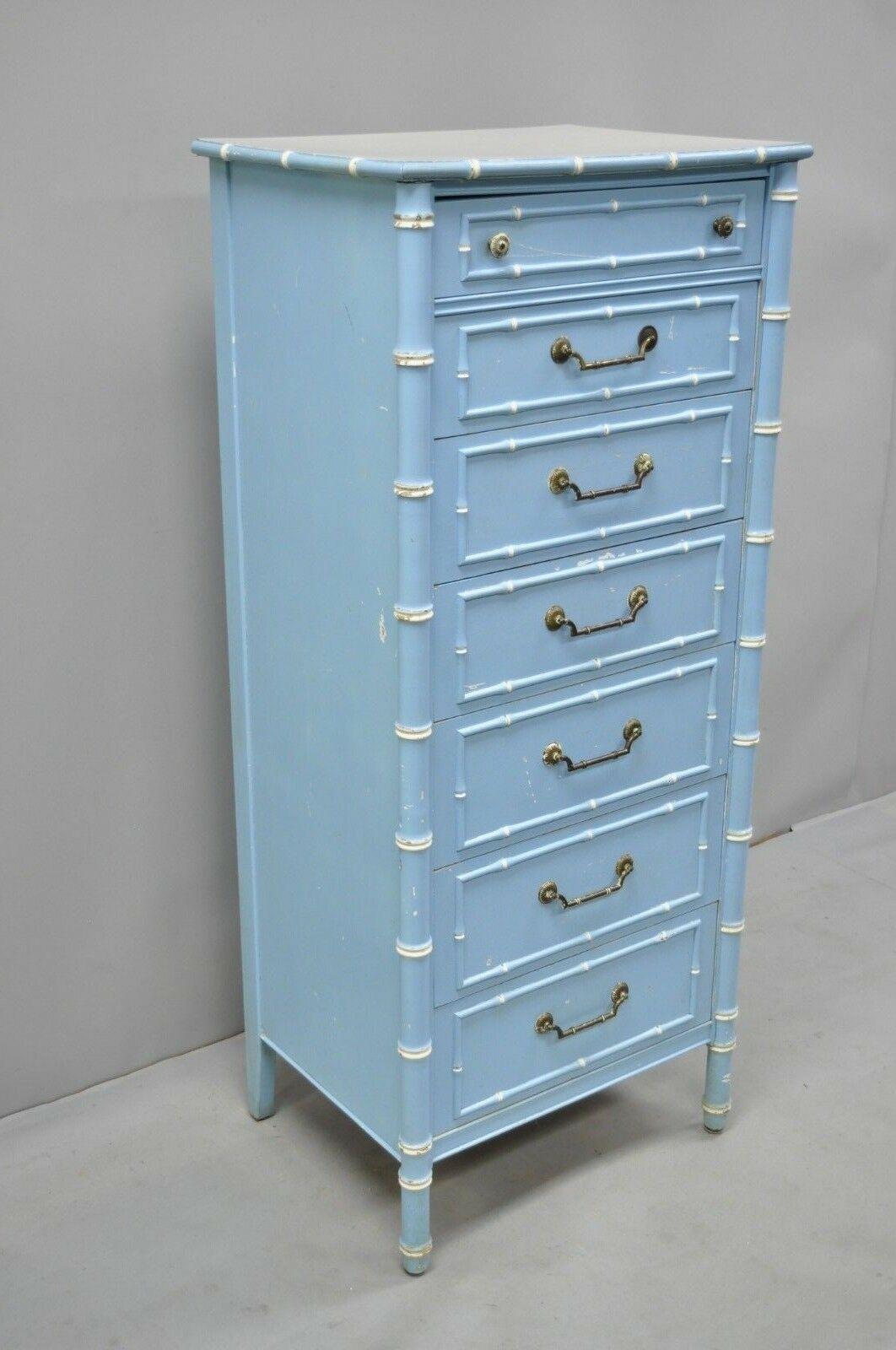 Vintage Thomasville Allegro faux bamboo 7 drawer painted tall lingerie chest. Item features laminate top, blue painted finish, nicely carved details, original stamp, 7 dovetailed drawers, solid brass hardware. Circa Mid to Late 20th Century.