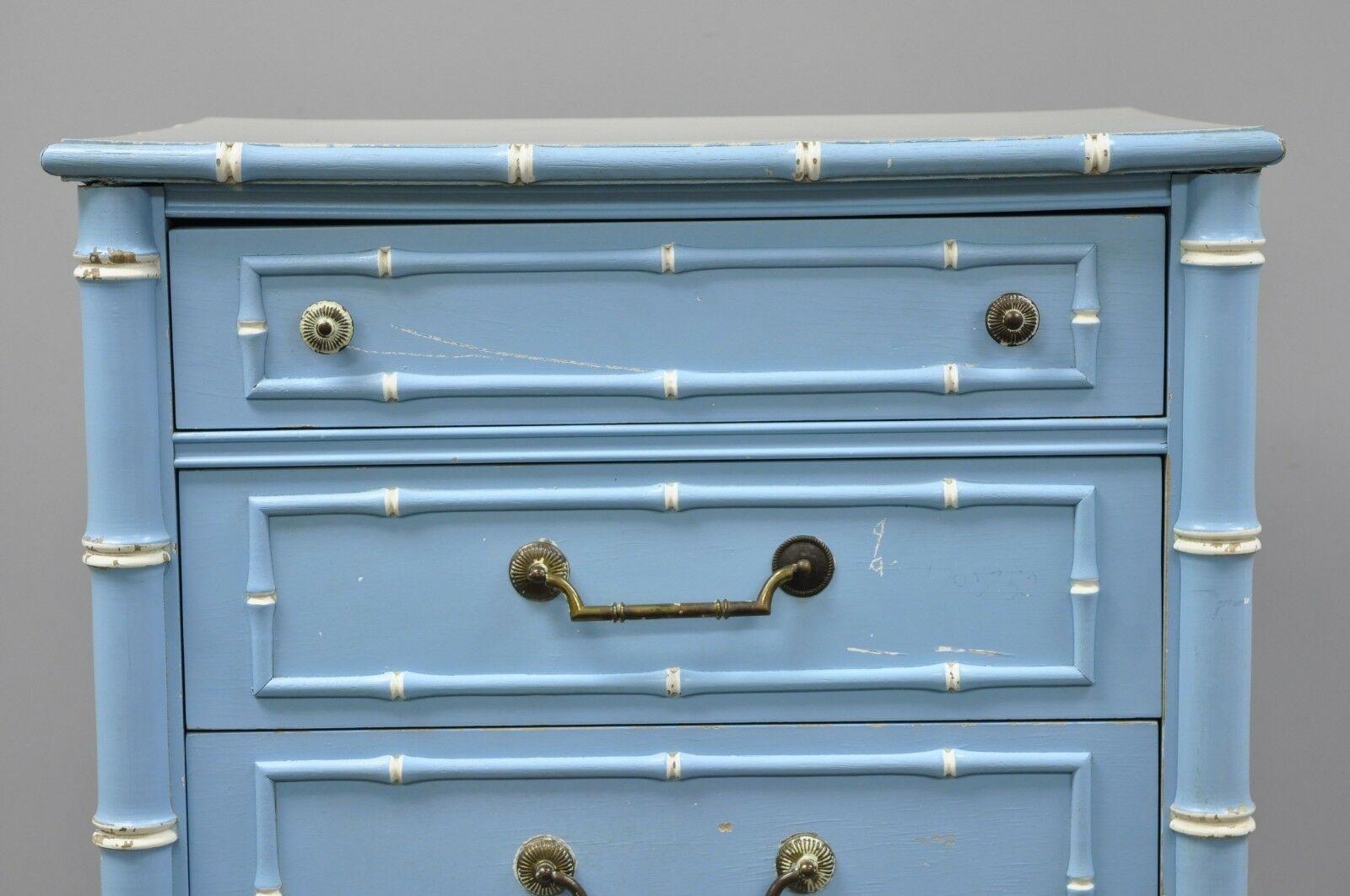 Chinese Chippendale Thomasville Allegro Faux Bamboo 7 Drawer Blue Painted Tall Lingerie Chest