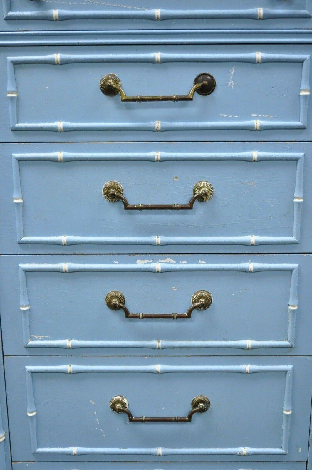 North American Thomasville Allegro Faux Bamboo 7 Drawer Blue Painted Tall Lingerie Chest