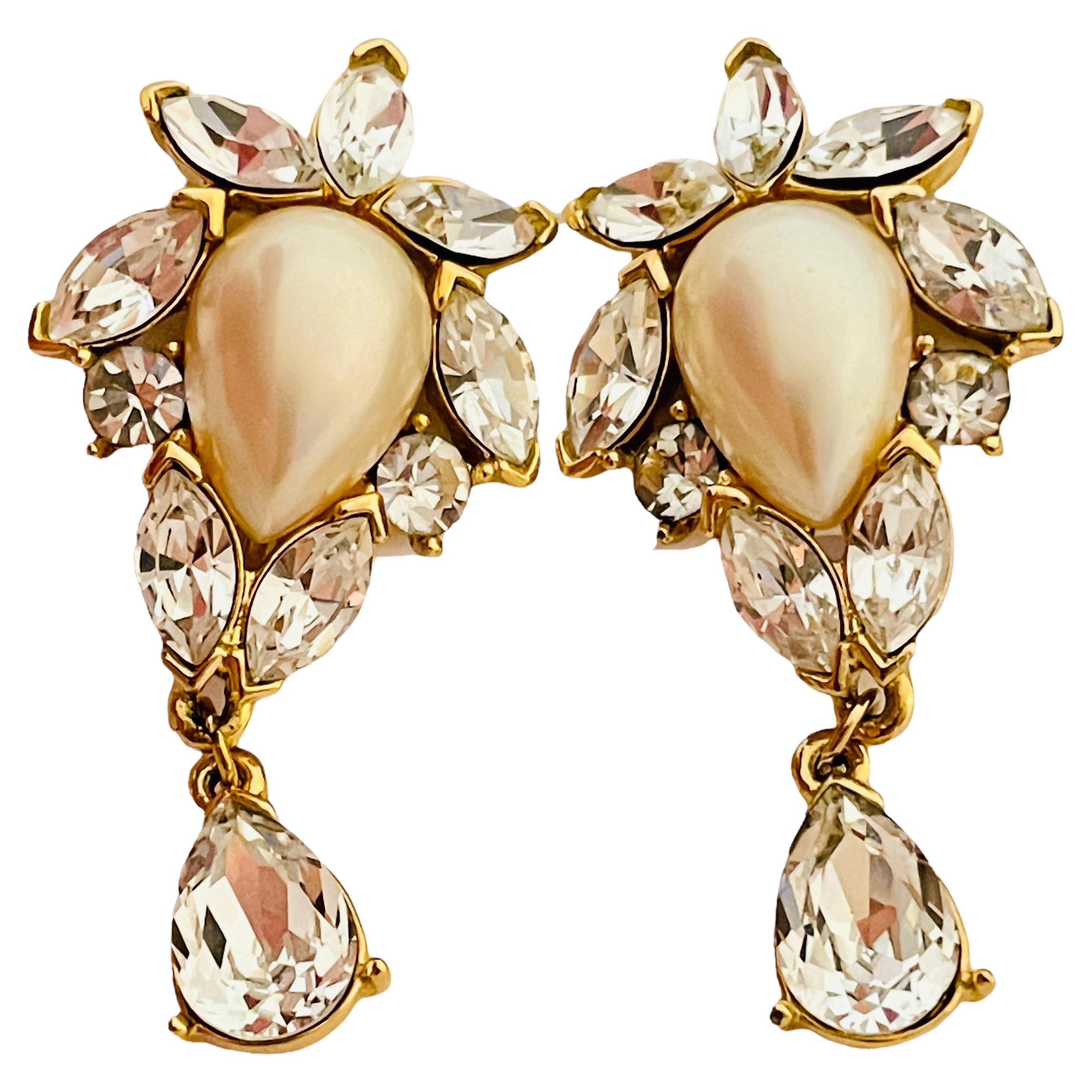 Vtg TRIFARI gold rhinestone pearl drop earrings designer runway For Sale