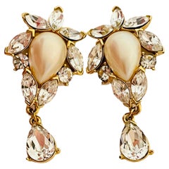Vtg TRIFARI gold rhinestone pearl drop earrings designer runway