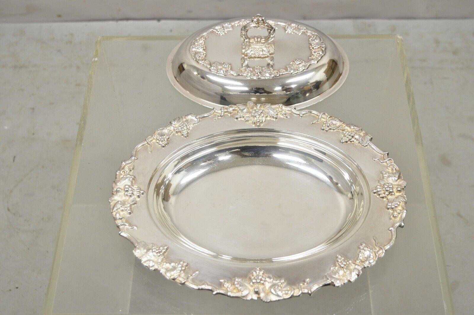 Vtg Victorian Style Grapevine & Grape Cluster Silver Plated Serving Platter Dish For Sale 2