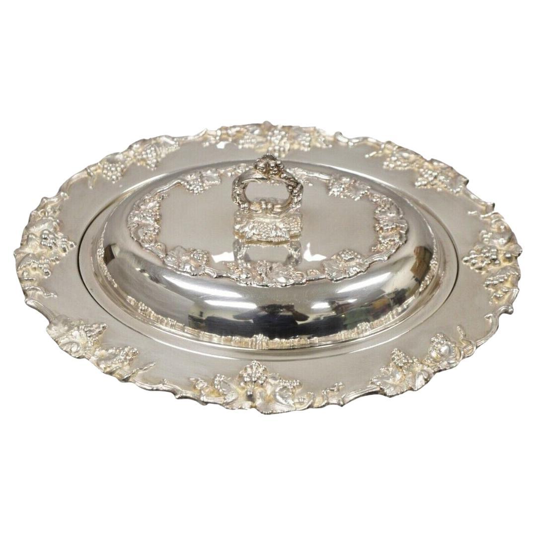 Vtg Victorian Style Grapevine & Grape Cluster Silver Plated Serving Platter Dish For Sale