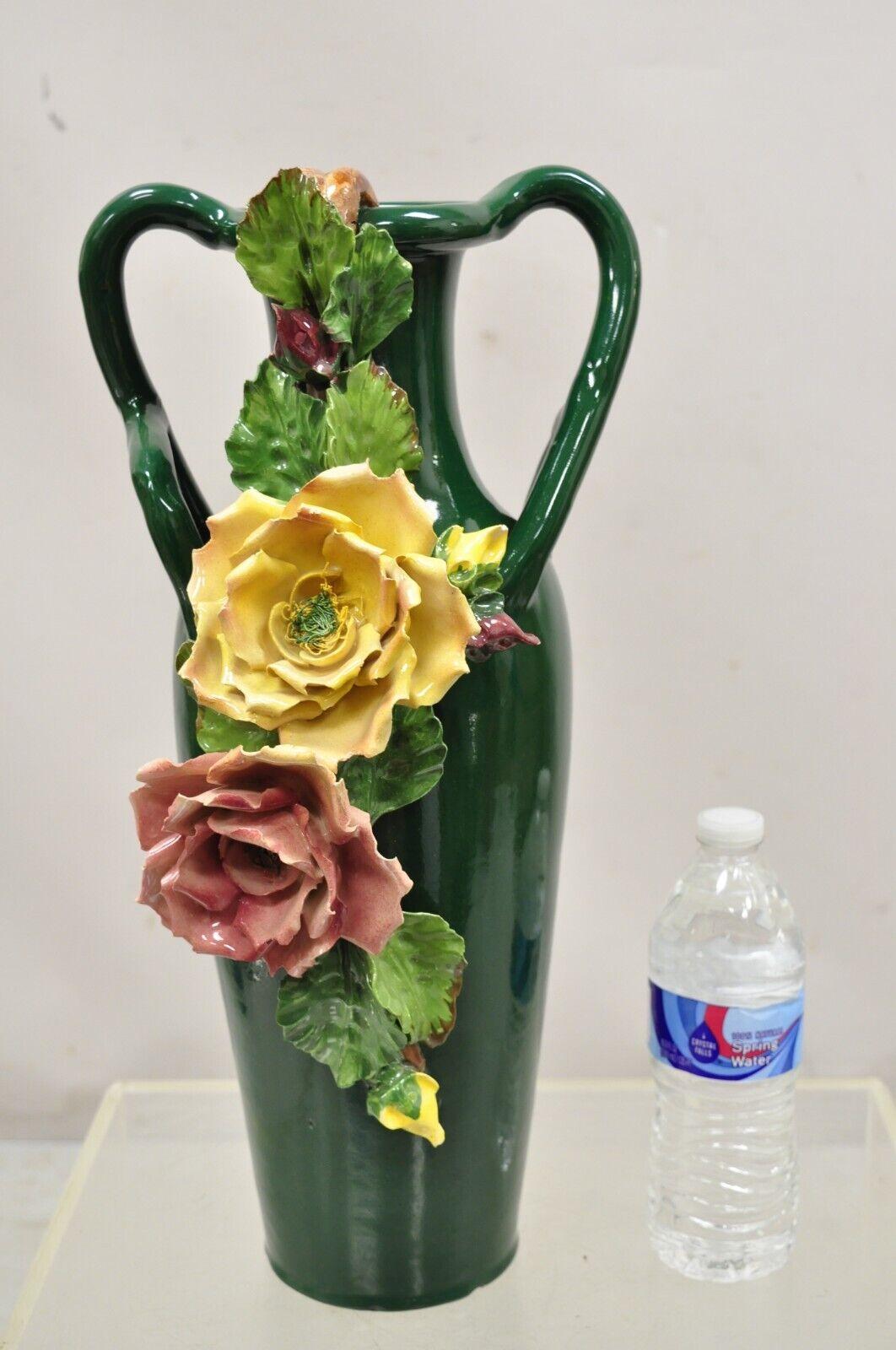 Vtg Victorian Style Green Ceramic Capodimonte Vase with Pink Yellow Flowers For Sale 3