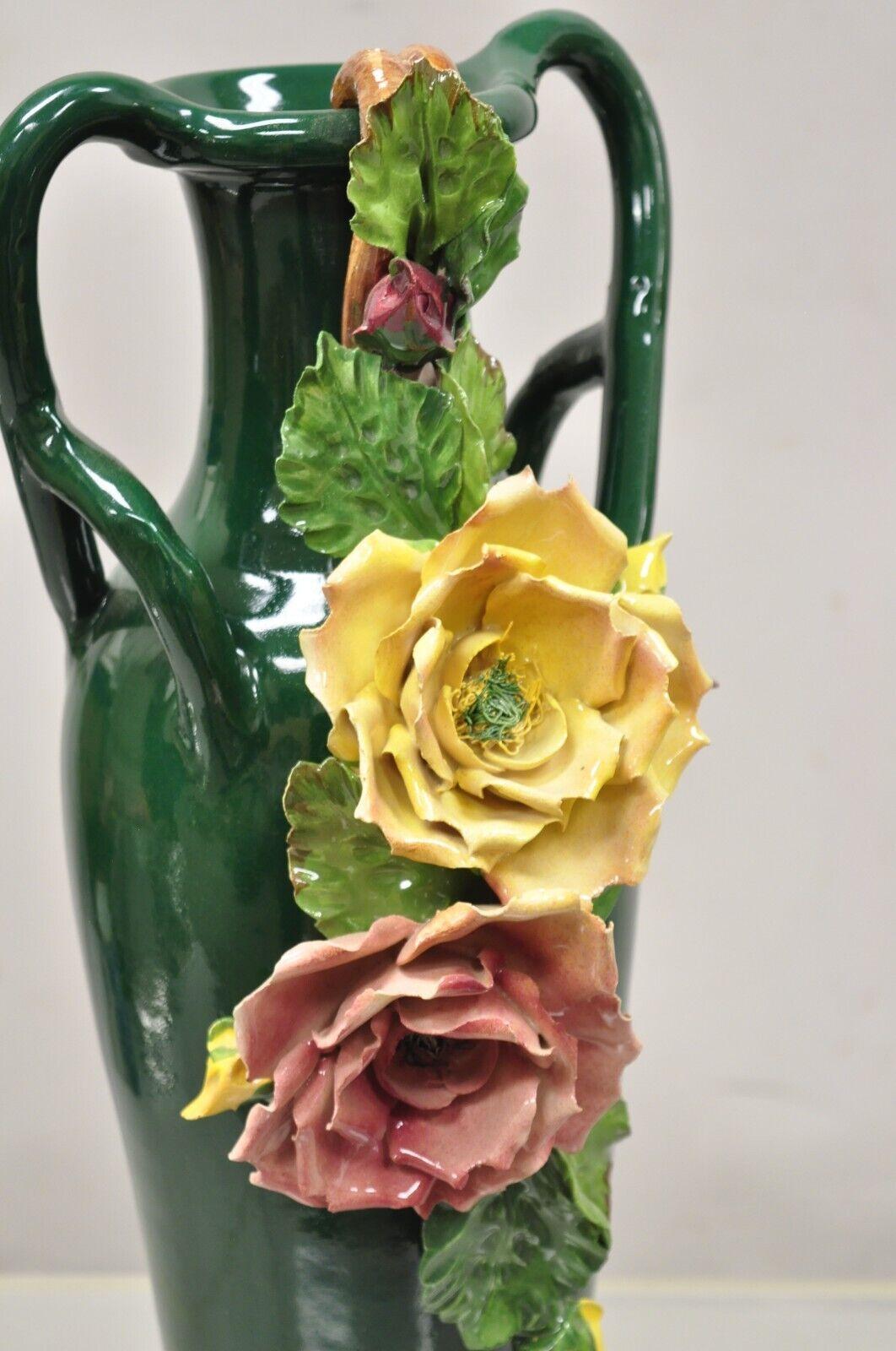 Vtg Victorian Style Green Ceramic Capodimonte Vase with Pink Yellow Flowers In Good Condition For Sale In Philadelphia, PA