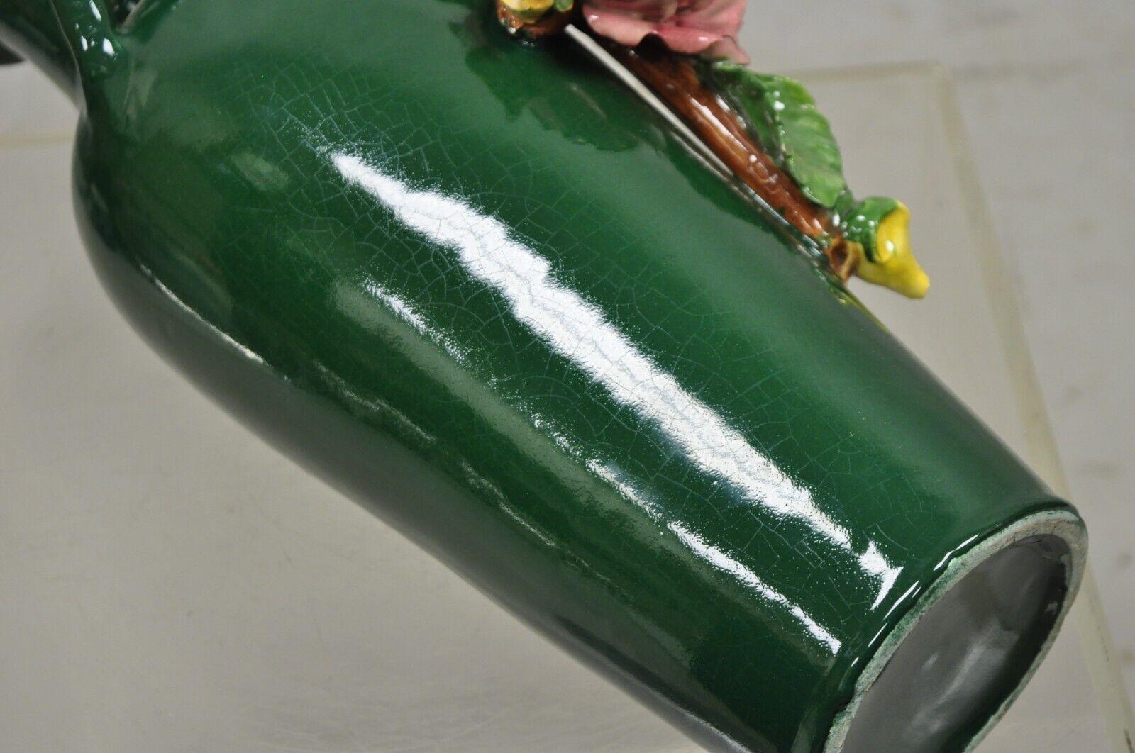 Vtg Victorian Style Green Ceramic Capodimonte Vase with Pink Yellow Flowers For Sale 1