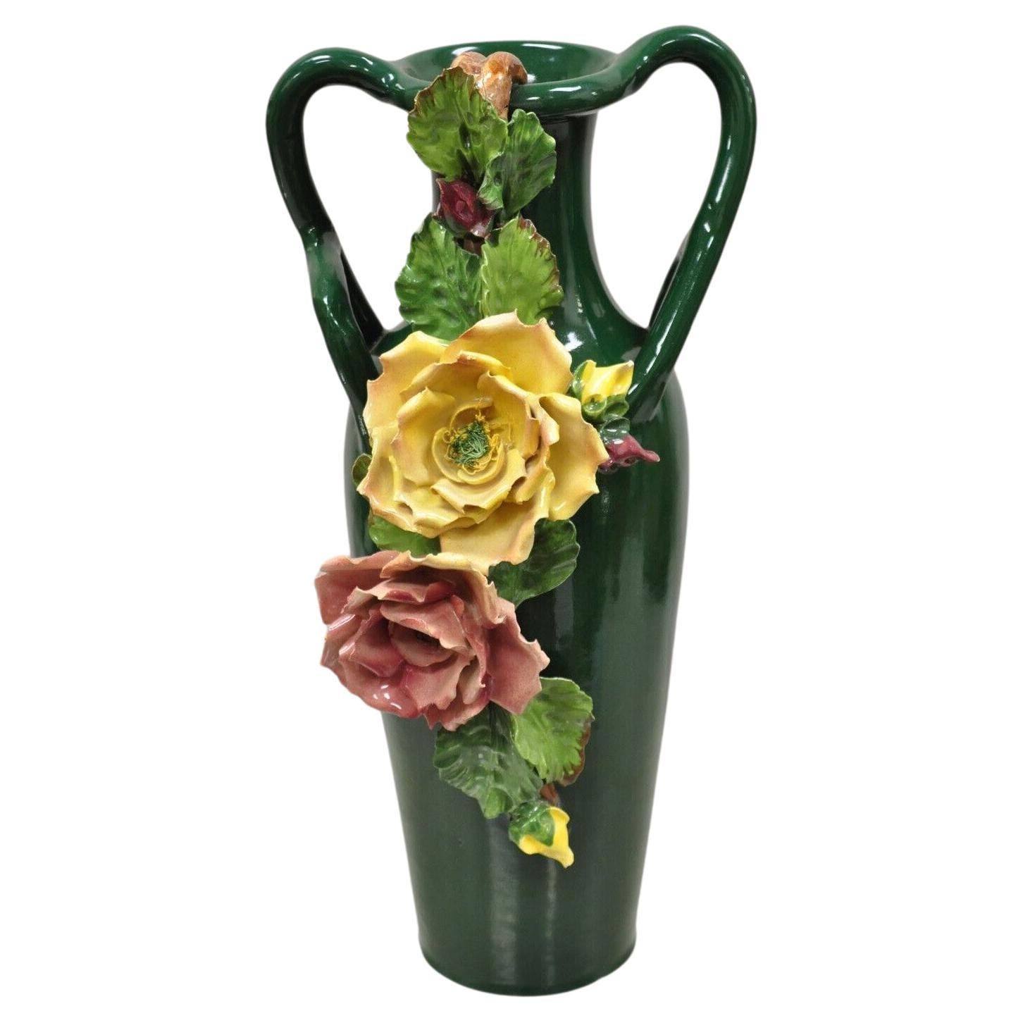 Vtg Victorian Style Green Ceramic Capodimonte Vase with Pink Yellow Flowers For Sale