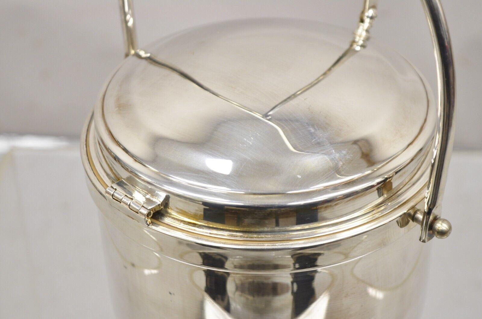 Vtg Wallace Mid Century Modern Silver Plated Hinged Lid Ice Bucket w glass liner In Good Condition For Sale In Philadelphia, PA