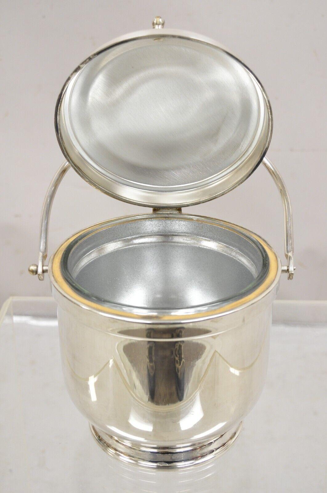Vtg Wallace Mid Century Modern Silver Plated Hinged Lid Ice Bucket w glass liner For Sale 2