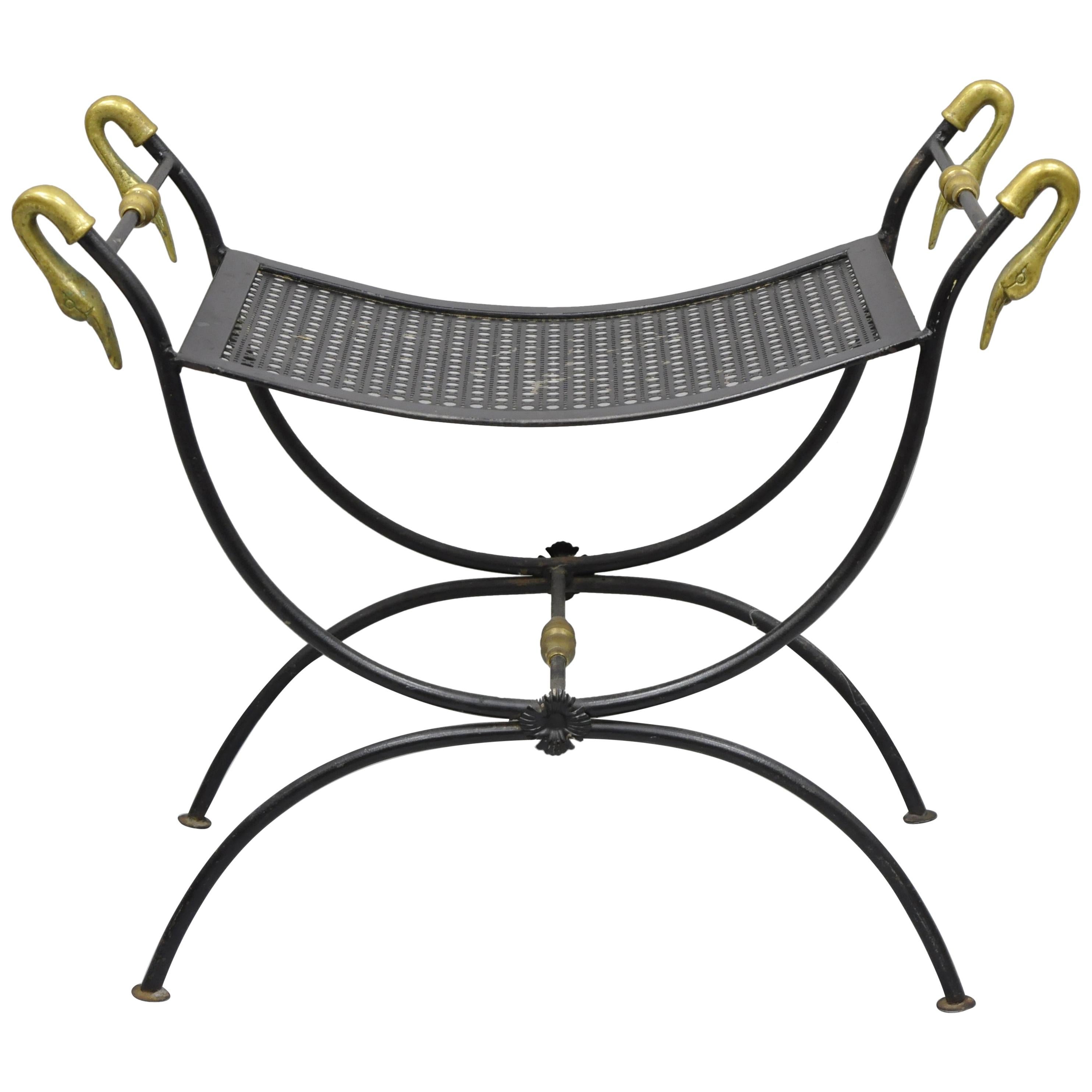 Wrought Iron and Brass Classical Swan French Regency Style Curule Vanity Bench