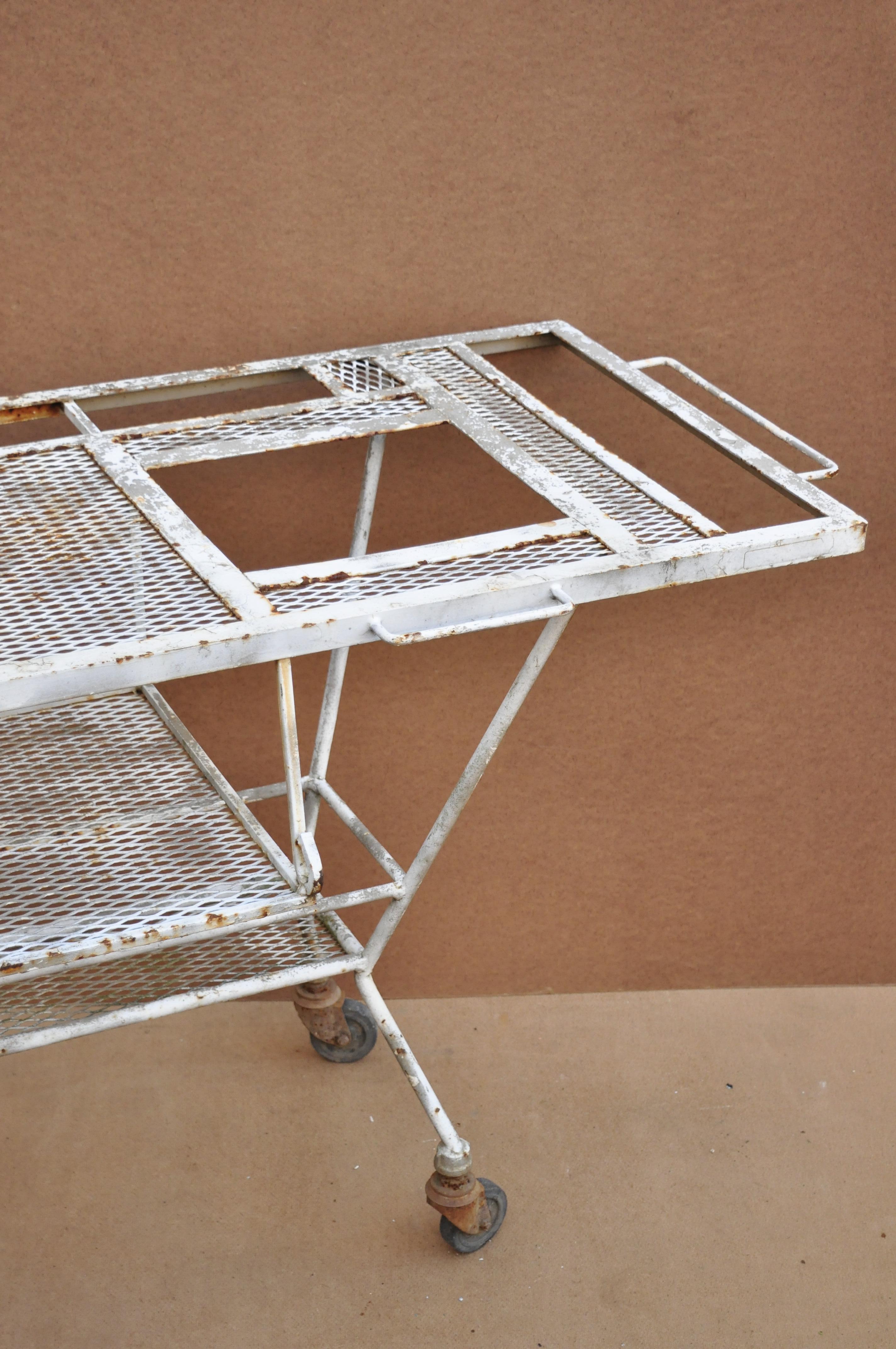 Wrought Iron Industrial Steampunk Rolling Bar Cart Barbeque Pit Table Metal Mesh In Good Condition For Sale In Philadelphia, PA