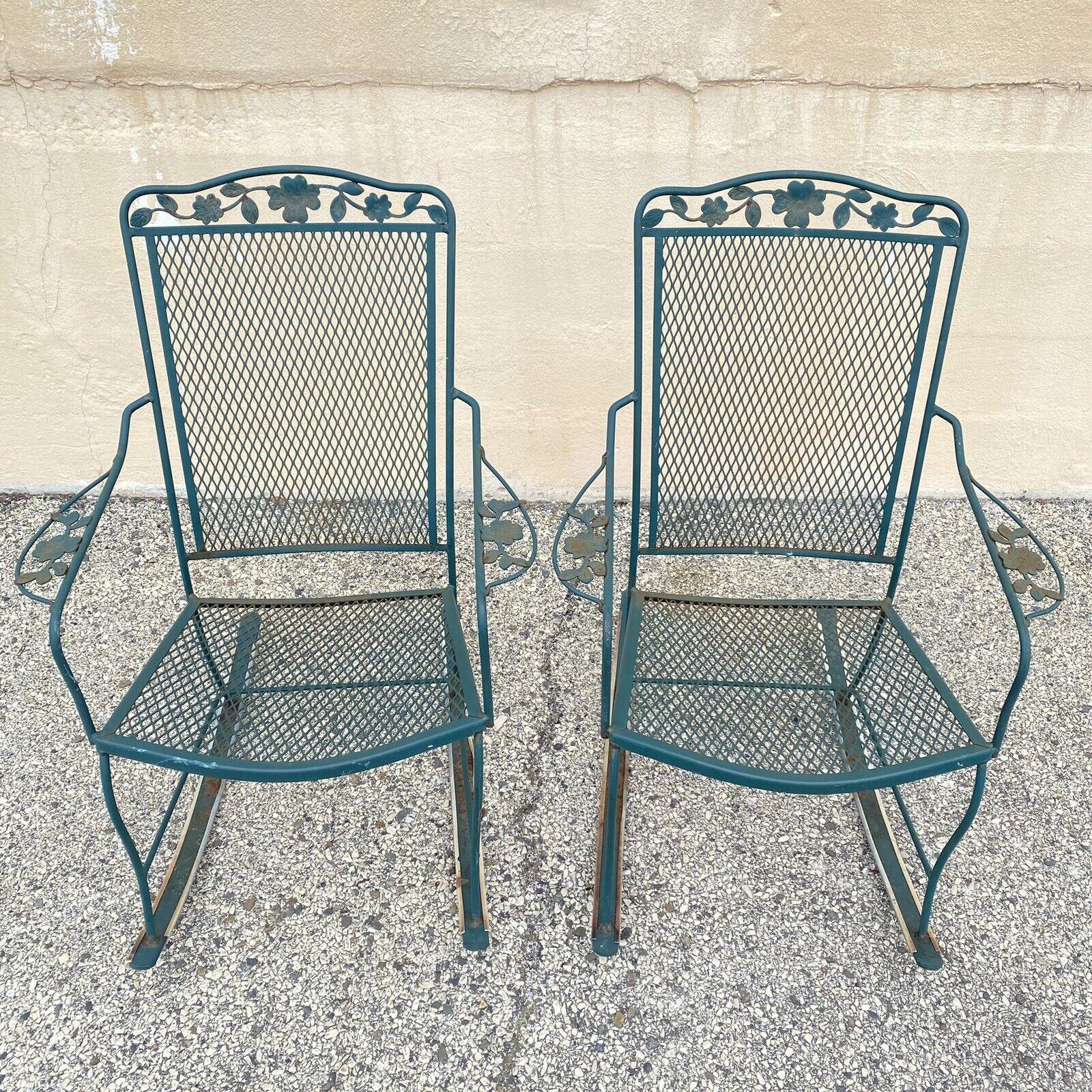 Vtg Wrought Iron Victorian Woodard Style Green Patio Garden Rocking Chair - Pair For Sale 7