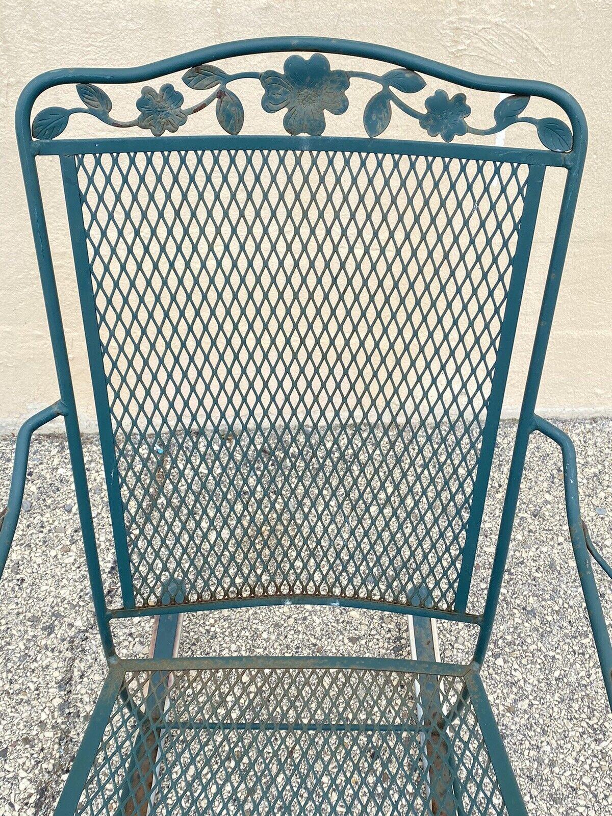 Vtg Wrought Iron Victorian Woodard Style Green Patio Garden Rocking Chair - Pair In Good Condition For Sale In Philadelphia, PA