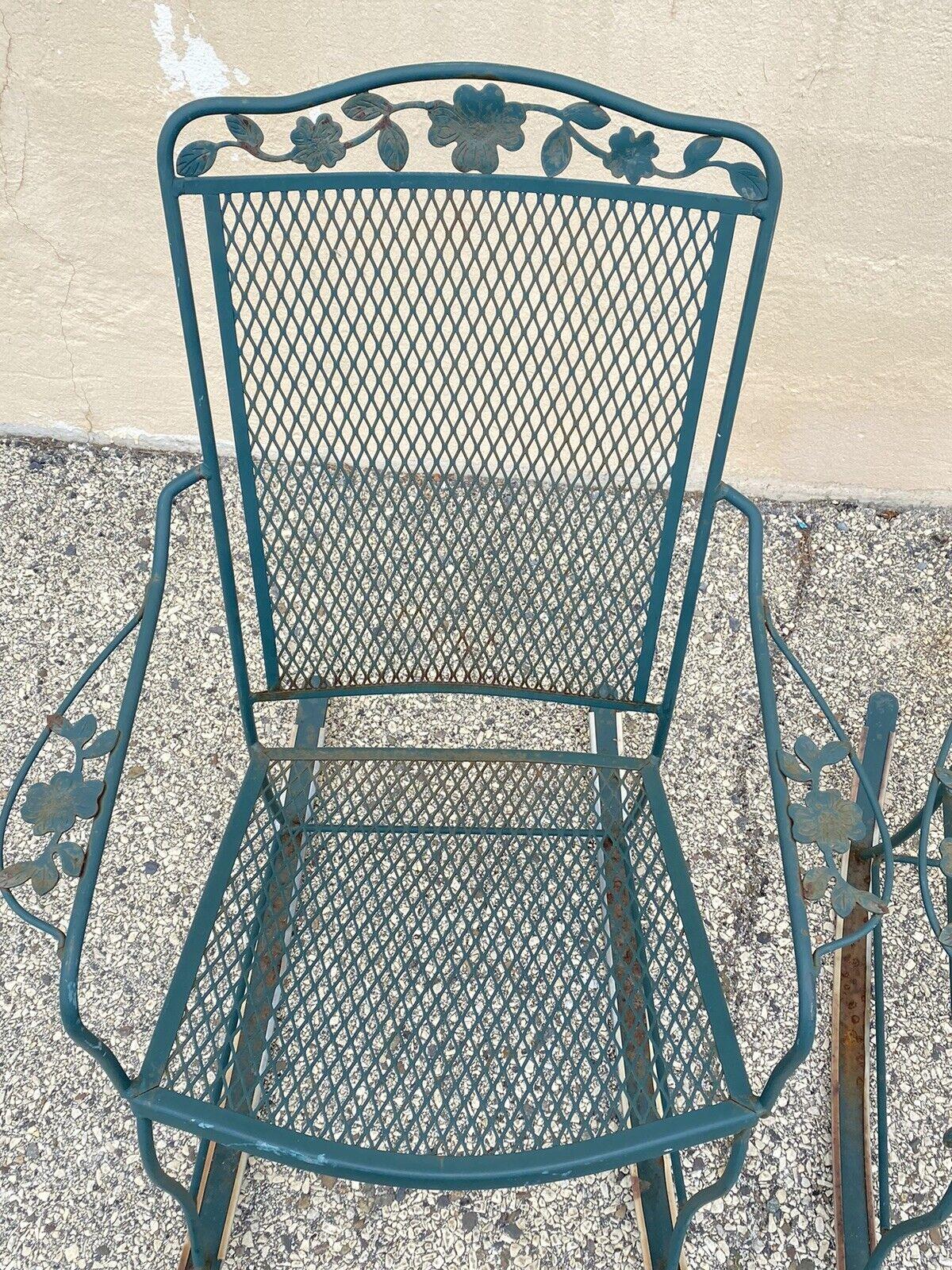 Vtg Wrought Iron Victorian Woodard Style Green Patio Garden Rocking Chair - Pair For Sale 1