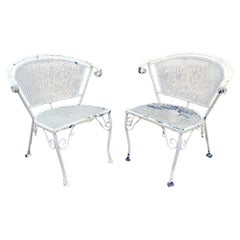 Retro Vtg Wrought Iron Woodard Salterini Style Mid Century Outdoor Patio Chairs - Pair