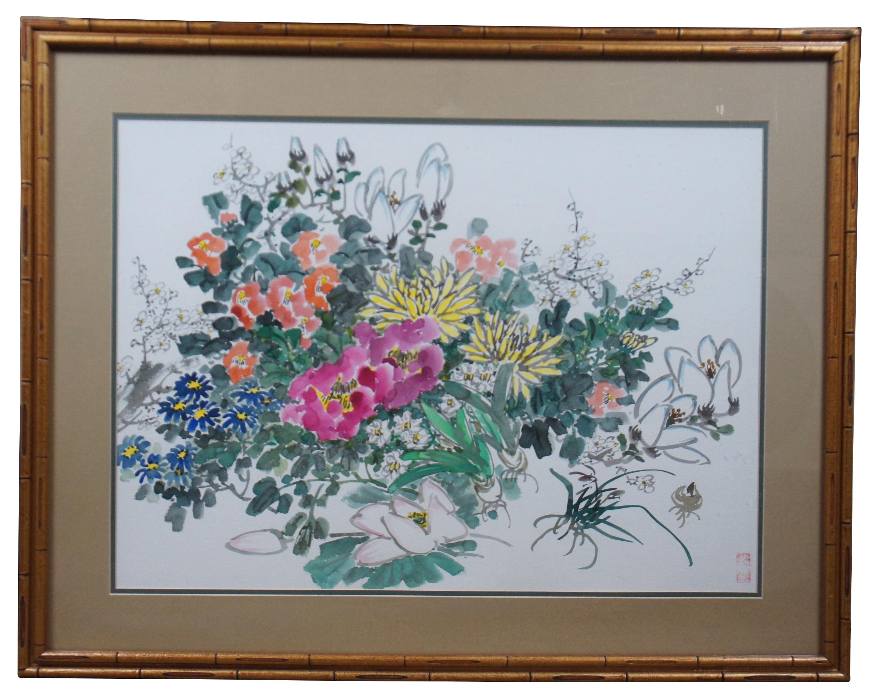 Vintage chinoiserie watercolor painting showing a variety of flowers on a plain white background, faux bamboo frame. Attributed to Zhongxiang Liu. Circa 1980s.
 
