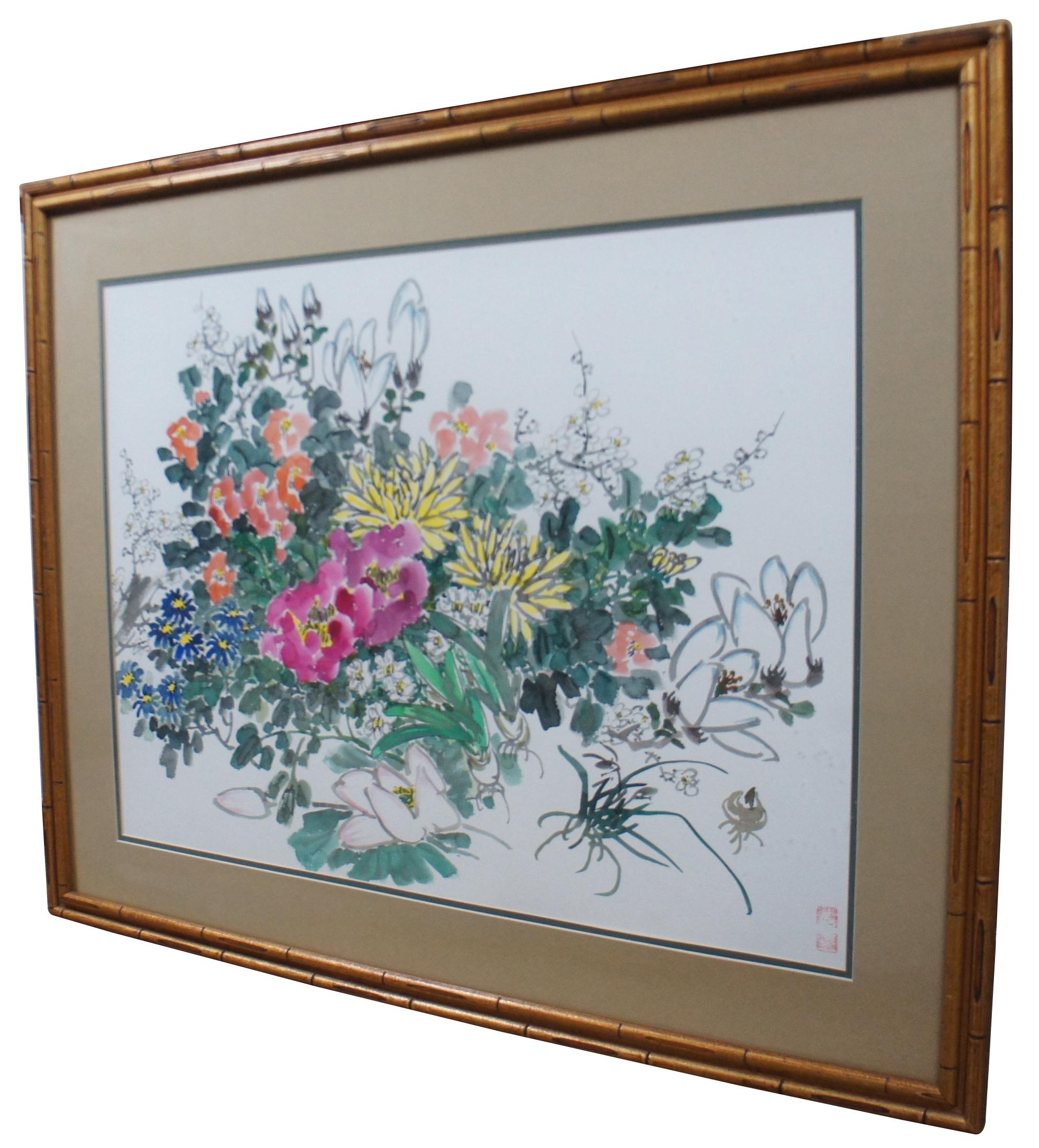 Vtg Zhongxiang Liu Chinese Chinoiserie Botanical Floral Watercolor Painting In Good Condition For Sale In Dayton, OH