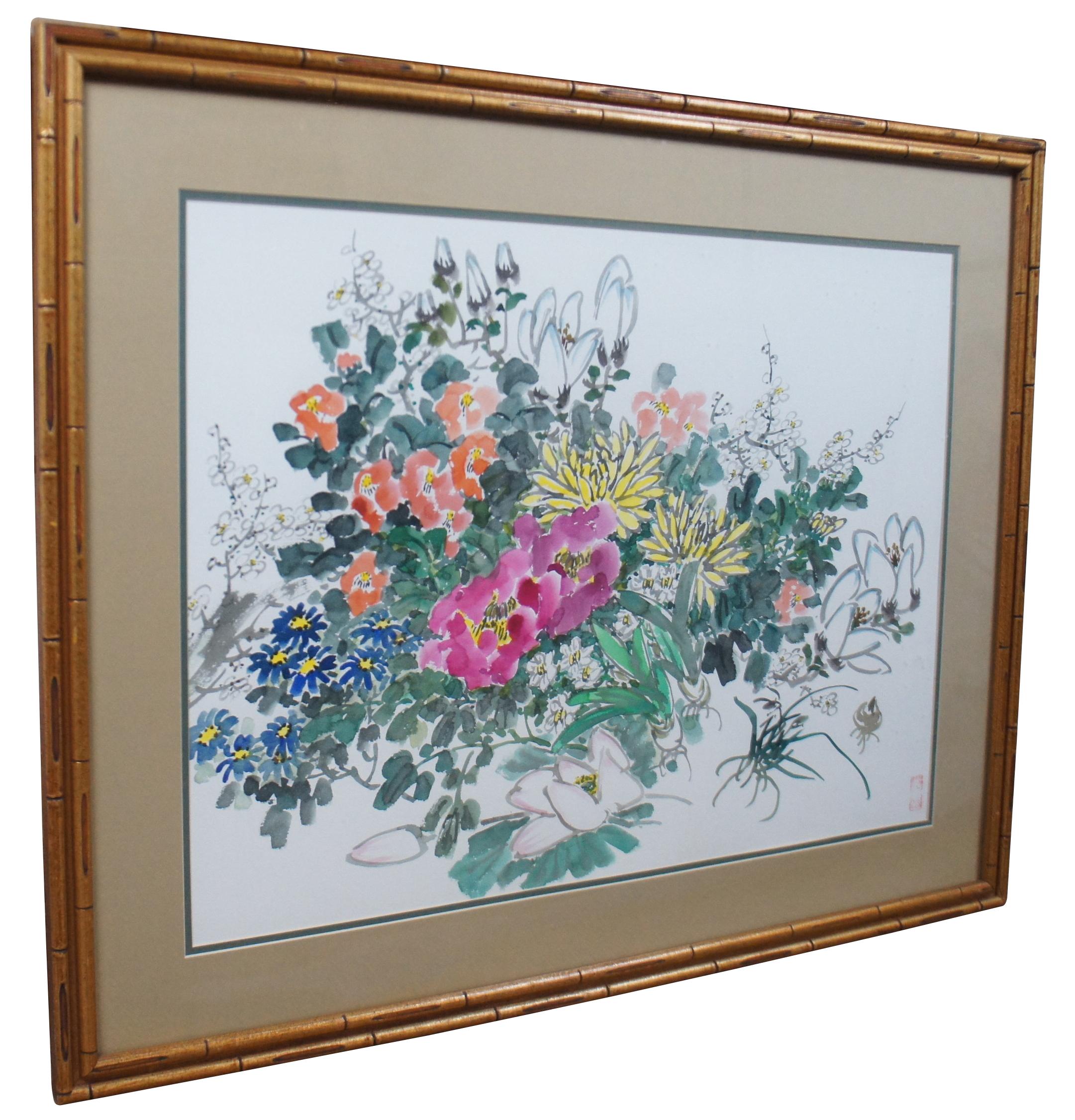 Late 20th Century Vtg Zhongxiang Liu Chinese Chinoiserie Botanical Floral Watercolor Painting For Sale