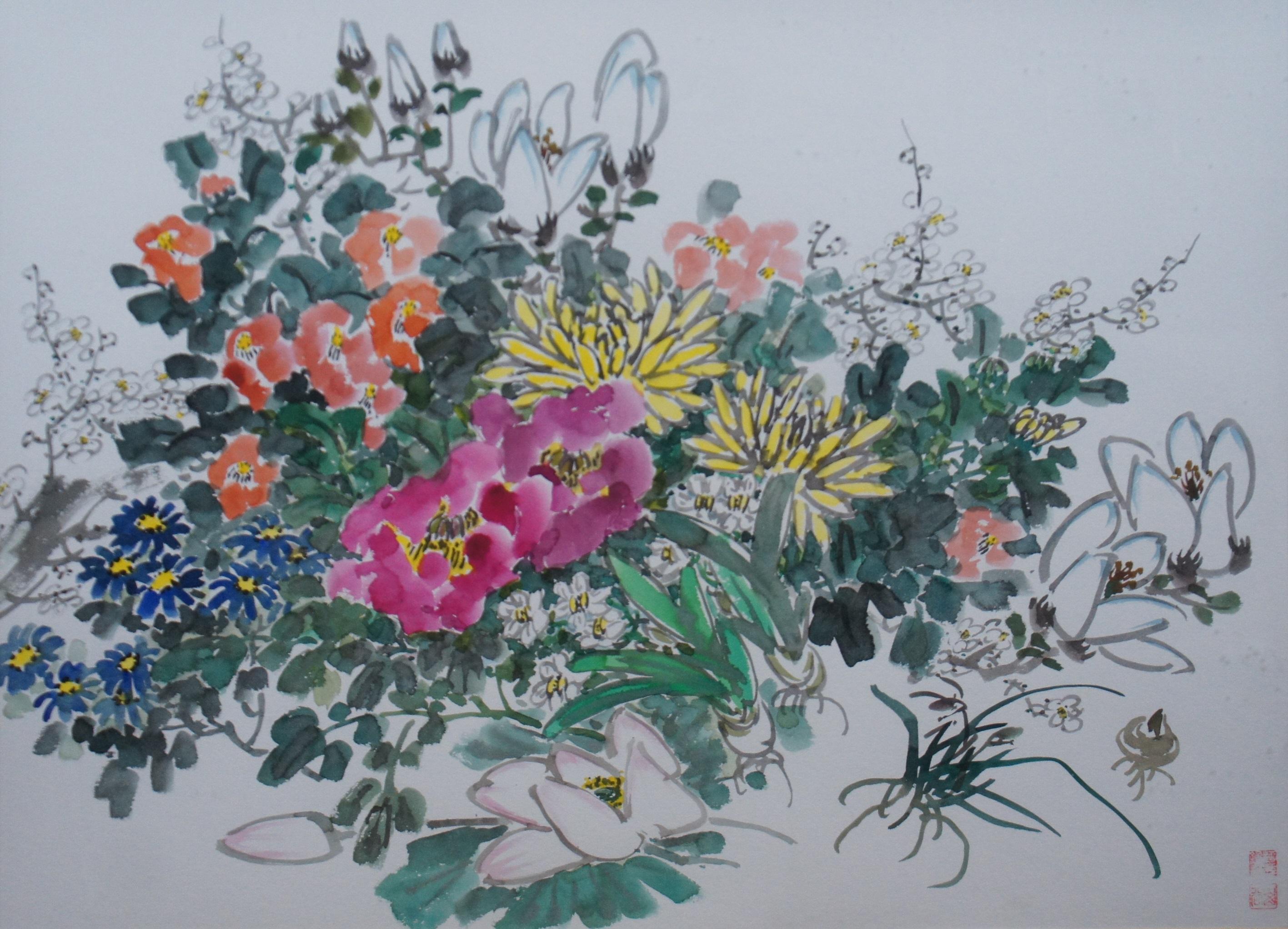Vtg Zhongxiang Liu Chinese Chinoiserie Botanical Floral Watercolor Painting For Sale 1