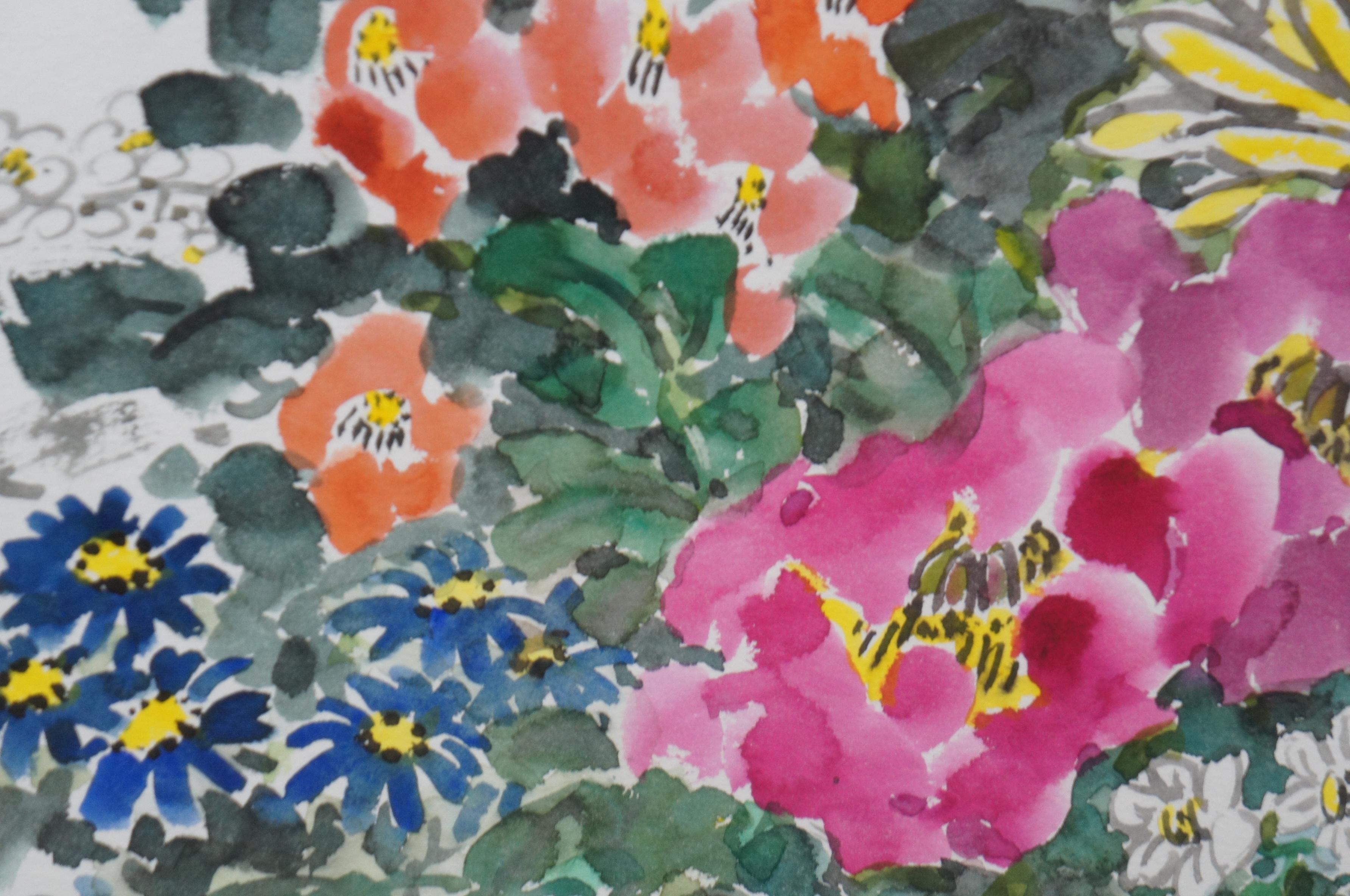 Vtg Zhongxiang Liu Chinese Chinoiserie Botanical Floral Watercolor Painting For Sale 4
