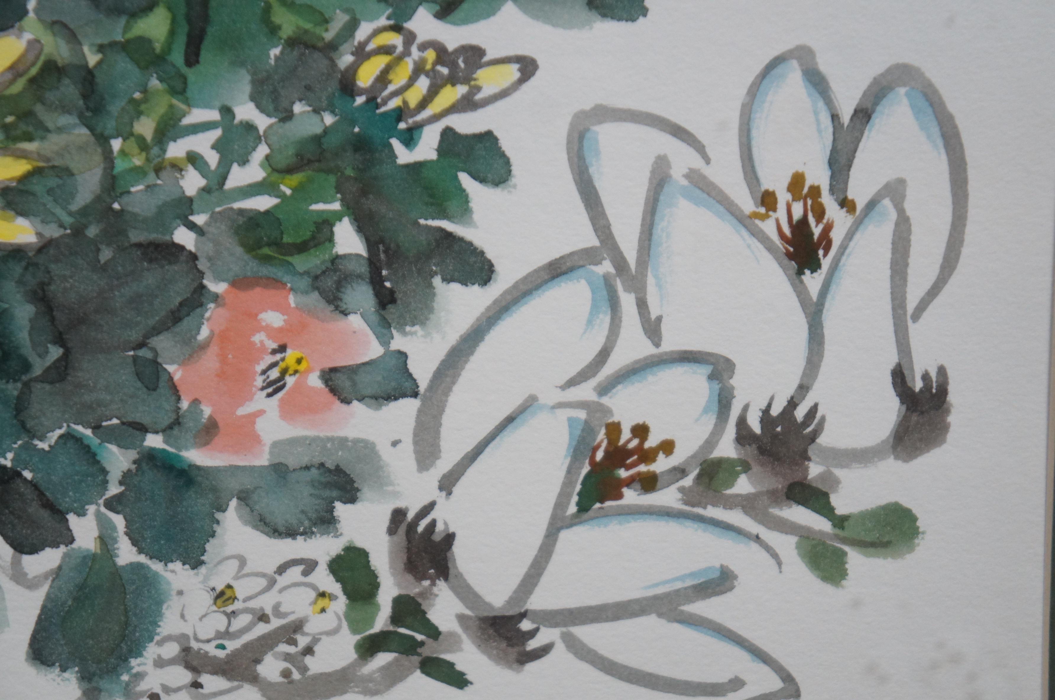 Vtg Zhongxiang Liu Chinese Chinoiserie Botanical Floral Watercolor Painting For Sale 5