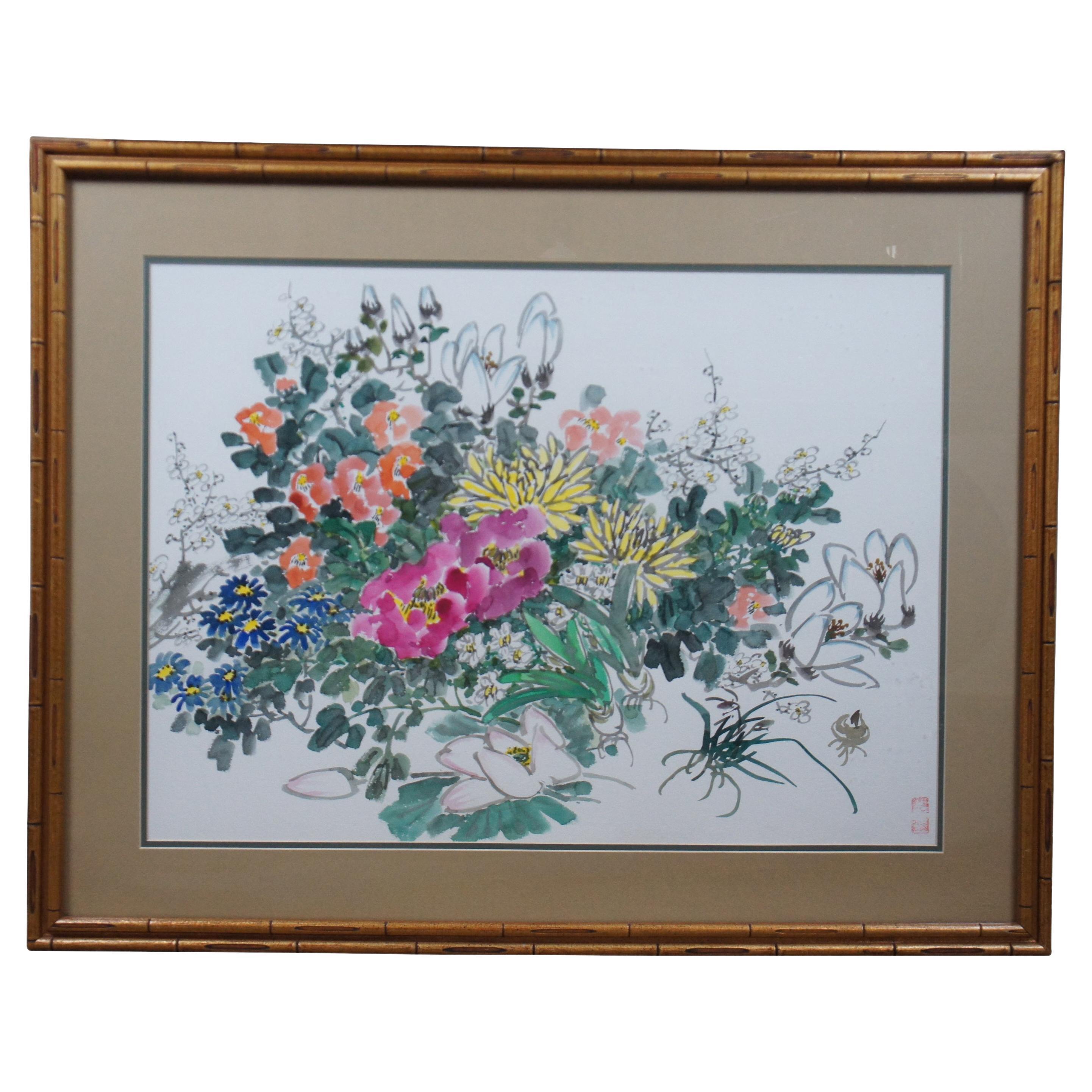Vtg Zhongxiang Liu Chinese Chinoiserie Botanical Floral Watercolor Painting