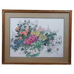 Vintage Vtg Zhongxiang Liu Chinese Chinoiserie Botanical Floral Watercolor Painting
